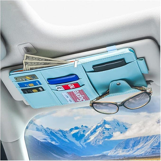 Car Sun Visor Organizer, Leather Storage Pocket Sun Visor Pouch with Zipper for Cards License Registration Pen Glasses Document, Fits Most Car SUV, Auto Interior Accessories for Men Women (Blue)