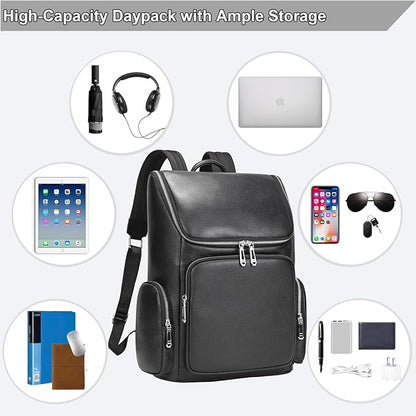 Genuine Leather Black Backpack - 15.6 Inch Business Laptop Backpack for Men & Women, Multi-Compartment Ergonomic Shoulder Bag for Office, Travel