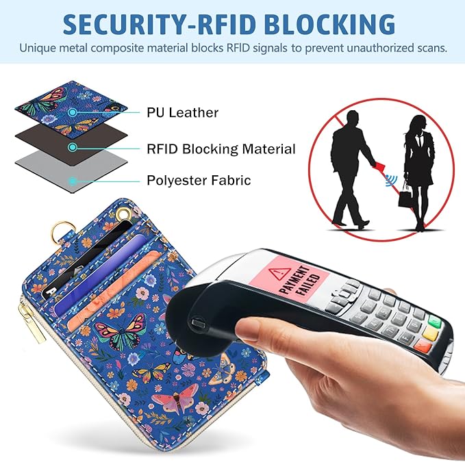Flowers Butterfly Lanyard Wallet with ID Badge Holder, Small RFID Wallet Women Keychain Wristlet, Slim Credit Card Holder Case with Zipper Pocket Phone Lanyard Wrist Strap Name Tag Office Teacher Gift