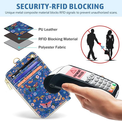 Flowers Butterfly Lanyard Wallet with ID Badge Holder, Small RFID Wallet Women Keychain Wristlet, Slim Credit Card Holder Case with Zipper Pocket Phone Lanyard Wrist Strap Name Tag Office Teacher Gift