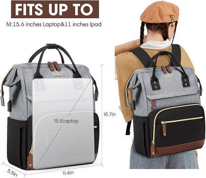 Focdod Laptop Backpack for Women Bag 15.6 Inch Work Business Backpacks Purse with USB Port Large Capacity Nurse Bag Backbag, Casual Daypack for Travel, Black-Grey-Brown