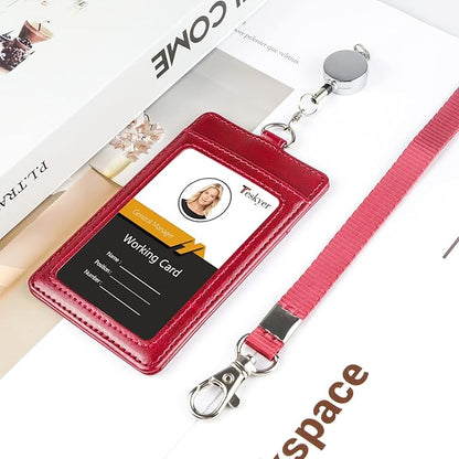 Teskyer Leather Badge Holder with Lanyard and Badge Reel, Retractable Lanyard ID Card Holder for Office School Name Work IDs, Wine Red