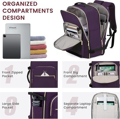 LOVEVOOK 40L Large Travel Backpack for Women Men, 17 Inch Carry on Backpack for Traveling on Airplane, Personal Item Travel Bag Airline Approved, Business Causal Weekender Backpack, Purple-Black
