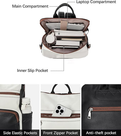 BOSTANTEN Leather Laptop Backpack for Women Designer Travel Backpack with Laptop Compartment Ladies Computer Shoulder Bags Black＆Beige＆Brown
