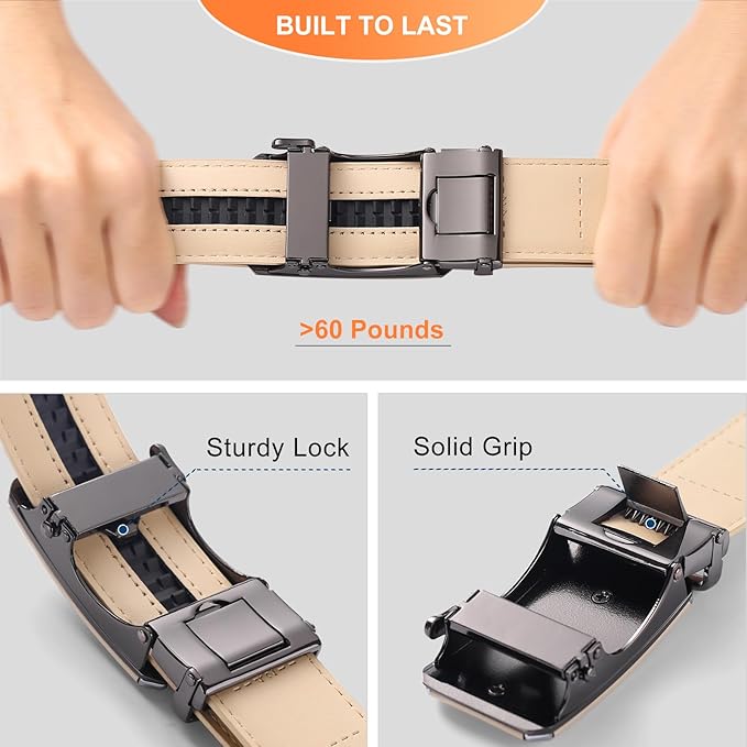 GAEKEAO Ratchet Belts for Men Dress Casual 1 3/12" Adjustable Genuine Leather Slide Buckle Designer Belt with Box Trim to Fit