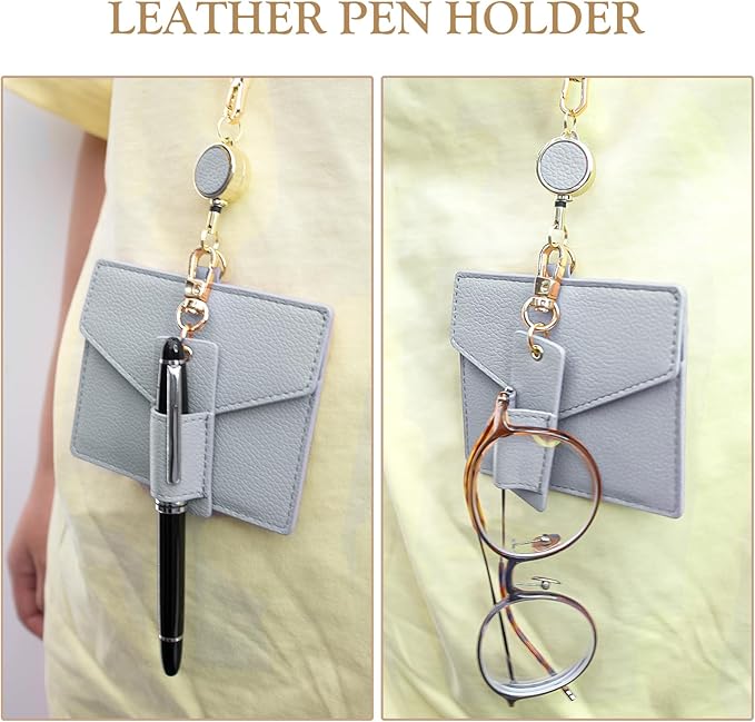 Office Badge Holder - Boshiho Genuine Leather Credit ID Card Holder with Stretch Neck Lanyard and Pen Clip (Horizontal-Grey)