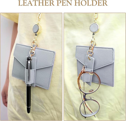 Office Badge Holder - Boshiho Genuine Leather Credit ID Card Holder with Stretch Neck Lanyard and Pen Clip (Horizontal-Grey)