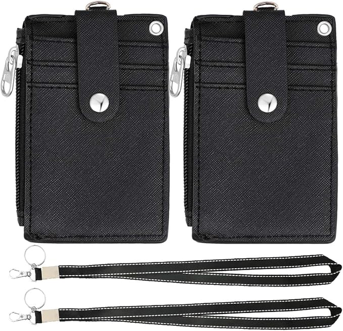 HASFINE 2 Pack ID Badge Holder with Lanyard,2 Sided 5 Card Slots ID Card Holder Wallet with PU Leather Zipper Pocket and Detachable Keychain Lanyard for Teens Men Women(Black)