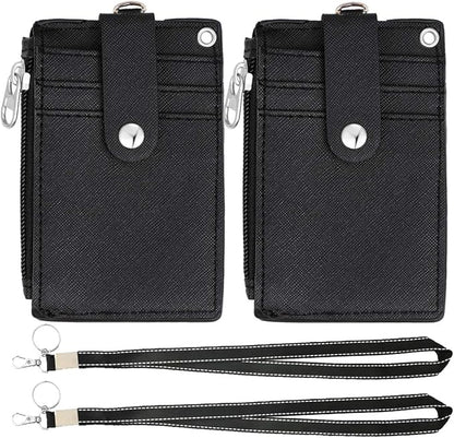 HASFINE 2 Pack ID Badge Holder with Lanyard,2 Sided 5 Card Slots ID Card Holder Wallet with PU Leather Zipper Pocket and Detachable Keychain Lanyard for Teens Men Women(Black)