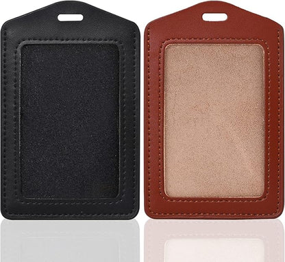 2 Pack Genuine Leather ID Badge Holders, Vertical ID Card Holders with Single-Side Clear Window, Waterproof Name Badge Holde Suit for Office, Staff, Students, Employees