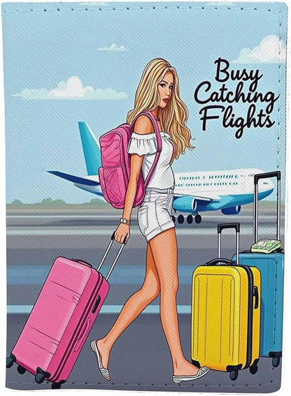 Fun Unique Passport Holder for Travel Busy Catching Flights PU Leather Passport Cover Wallet Cute Passport Card Holder for Women and Men