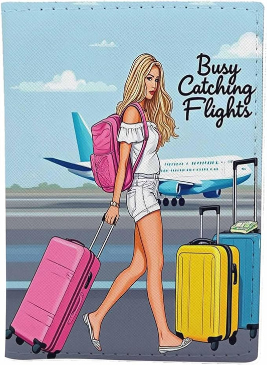 Fun Unique Passport Holder for Travel Busy Catching Flights PU Leather Passport Cover Wallet Cute Passport Card Holder for Women and Men