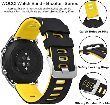 WOCCI 18mm Bicolor Watch Band, Silicone Rubber, Quick Release Replacement Strap for Men and Women, Silver Stainless Steel Buckle (Black-Yellow)