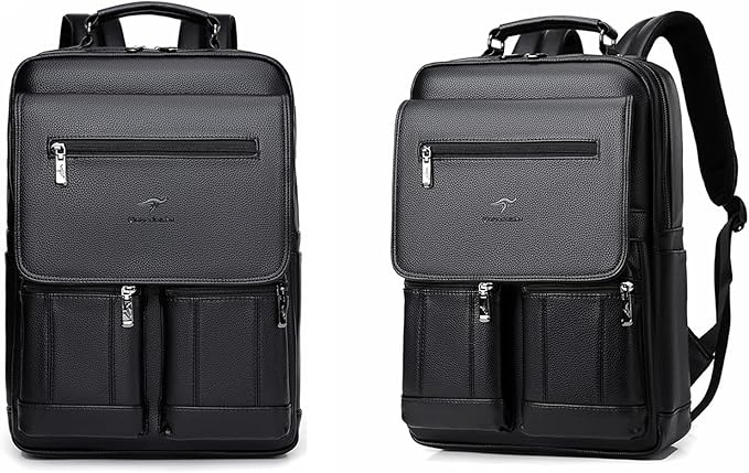 CHAO RAN Leather Laptop Backpack for Men Fit 15.6 Inch Laptop, Business Work Office College Medium Backpack with USB Charging Port, Waterproof Black Travel Bag