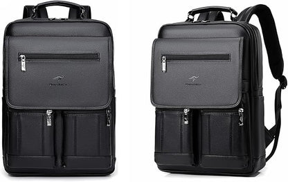 CHAO RAN Leather Laptop Backpack for Men Fit 15.6 Inch Laptop, Business Work Office College Medium Backpack with USB Charging Port, Waterproof Black Travel Bag