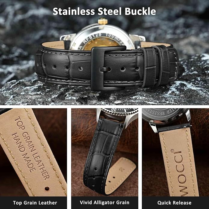 WOCCI Watch Bands, Top Grain Leather, Embossed Alligator Grain, Quick Release, Band Width 18mm 20mm 22mm
