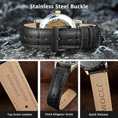 WOCCI Watch Bands, Top Grain Leather, Embossed Alligator Grain, Quick Release, Band Width 18mm 20mm 22mm
