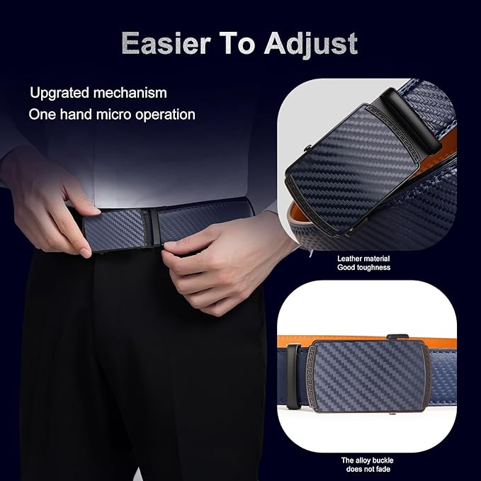Men's Ratchet Belt Genuine Leather No-Hole Slide Buckle - Adjustable Men's Dress & Casual Belt