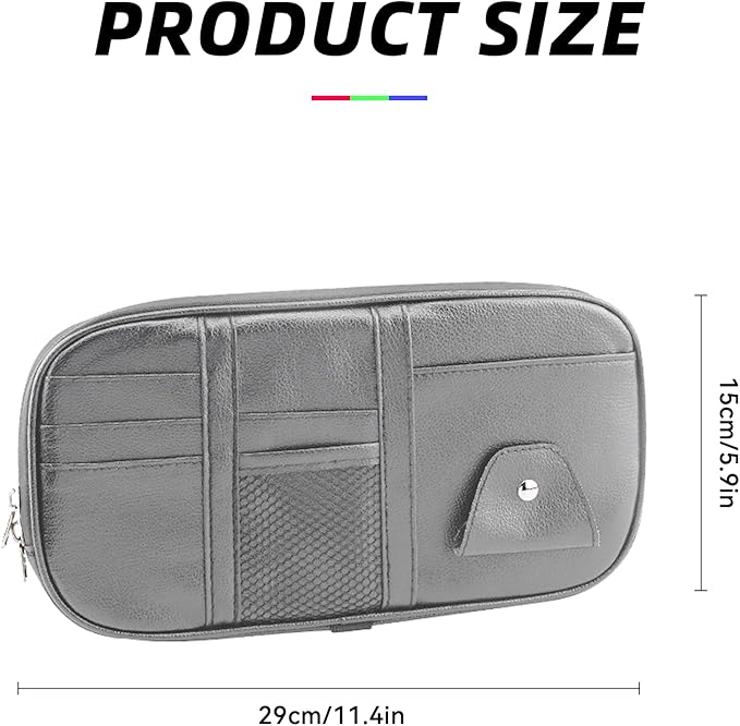 Car Sun Visor Organizer, Multi-Pocket PU Leather Sunglass Holder and Storage Pocket with Net Zipper, Card Sleeve Pocket Organizer, Auto Interior Accessories for Vehicle, Truck, SUV (Gray)