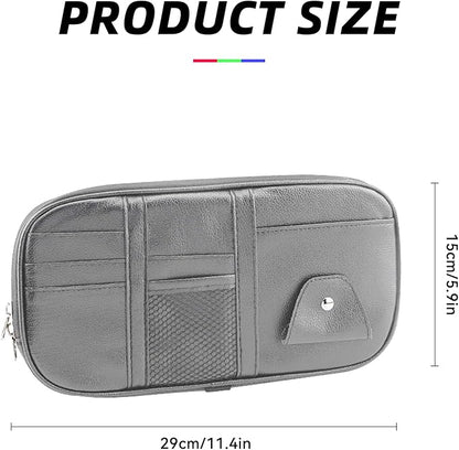 Car Sun Visor Organizer, Multi-Pocket PU Leather Sunglass Holder and Storage Pocket with Net Zipper, Card Sleeve Pocket Organizer, Auto Interior Accessories for Vehicle, Truck, SUV (Gray)