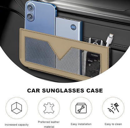 Car Sunglasses Case, PU Leather Pocket Self-Adhesive Storage Pouch for Vehicle Door Window Console, Multifunctional Vehicle Interior Organizer for Glasses Phones Wallets Keys (Beige)