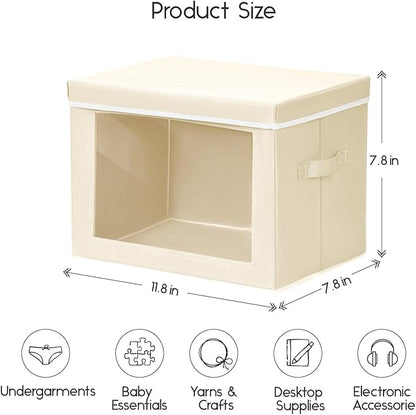 Homsorout Storage Bins with Lids - Small Fabric Organizers with Window, Collapsible Storage Bins for Clothes, Decorative Closet Organizers for Towels, Tshirt, 3 Pack, Beige