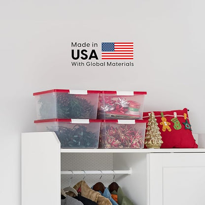 IRIS USA 12 Qt. Plastic Storage Bins Containers with Lids, 4 Pack, Sensory Bin, Craft Storage, Craft Organizers and Storage, Organizing Container for Home, Office School Supplies, Stackable, Clear/Red