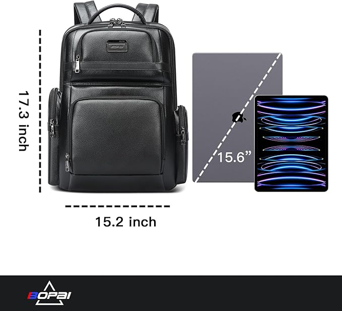 BOPai Genuine Leather Laptop Backpack Men for 15.6 inch Business Smart Professional Lightweight Backpack with USB Charging Office Commuter Computer Rucksack Executive Anti Theft Black