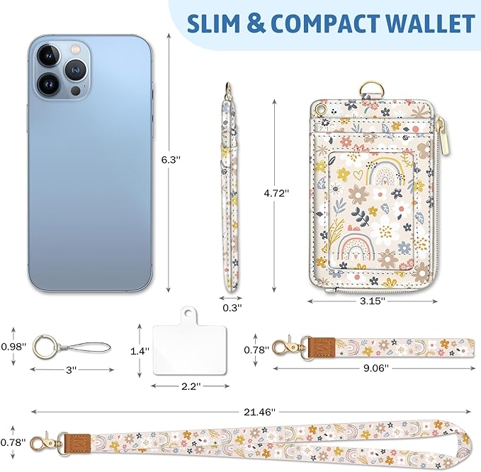 Cute Rainbow Flowers Lanyard Wallet with ID Badge Holder, Small RFID Wallets Women Keychain Wristlet, Slim Credit Card Holder with Zipper Pocket Phone Lanyard Wrist Strap Name Tag Office Teacher Gifts