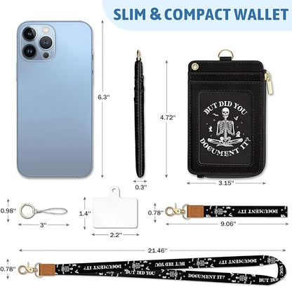 Piefly Goth Skeleton Lanyard Wallet with ID Badge Holder, Small RFID Wallet Women Keychain Wristlet, Slim Credit Card Holder with Zipper Pocket Phone Lanyard Wrist Strap Name Tag Office Teacher Gift