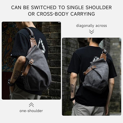MOYYI Canvas Sling Bag for Men Women, 10L Crossbody Bag Small Backpack, Casual Daypack with Anti-Theft Pocket, Vintage Canvas Shoulder Bags for Travel, Daily, Hiking, Work (Grey)