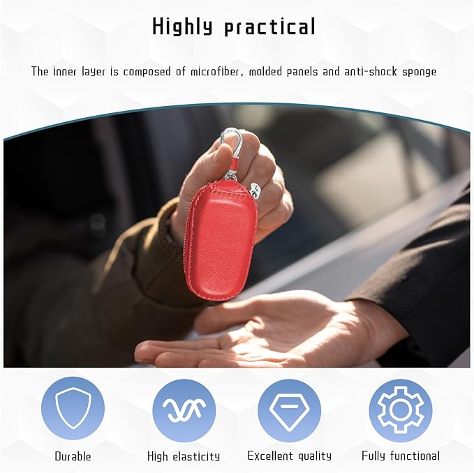 Car Key Case, Genuine Leather Auto Key Fob Cover Case, Key Fob Protector with Metal Hook, Car Smart Keychain Holder (Red)