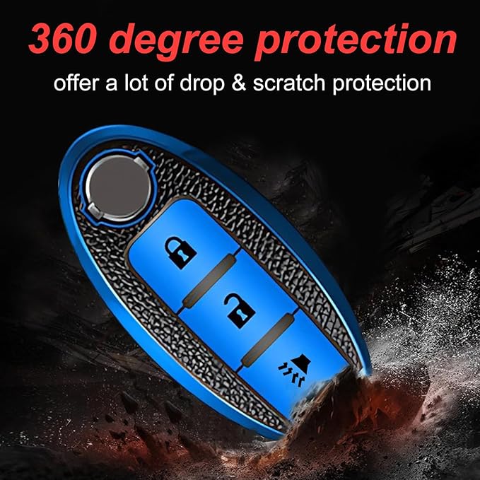 Montague Key Fob Cover for Nissan with Keychain Accessories, Premium TPU Full Protection Key Case for Pathfinder Rogue Kicks Murano Frontier Armada Versa Juke Titan Smart Key Shells (3-Buttons, Blue)