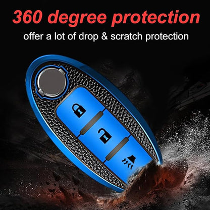 Montague Key Fob Cover for Nissan with Keychain Accessories, Premium TPU Full Protection Key Case for Pathfinder Rogue Kicks Murano Frontier Armada Versa Juke Titan Smart Key Shells (3-Buttons, Blue)