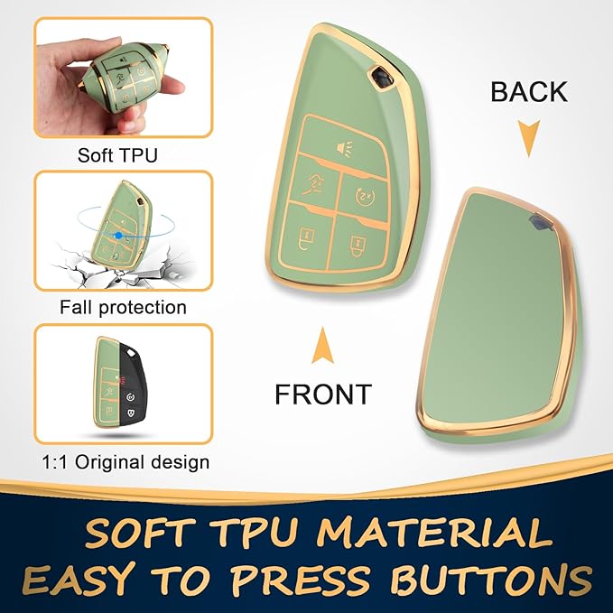 QBUC for Chevy Key Fob Cover with Keychain Soft TPU Protection Case Compatible with 2021-2026 Chevy Equinox Blazer Tahoe Suburban GMC Yukon Denali Silverado 5-Buttons(Gold Trim Green)
