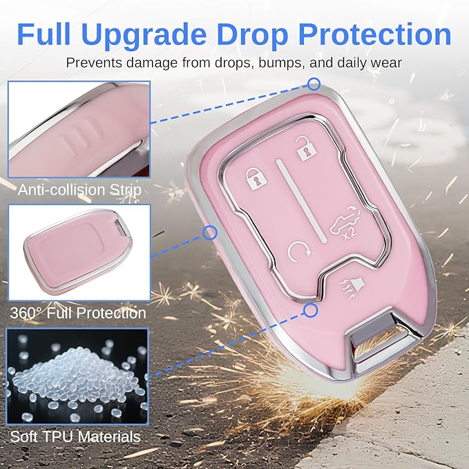 for GMC Key Fob Cover - TPU Key Shell Case Protector Compatible with Chevy Silverado and GMC Sierra 1500 2500HD 3500HD 5 Buttons Smart Remote Key, Pink