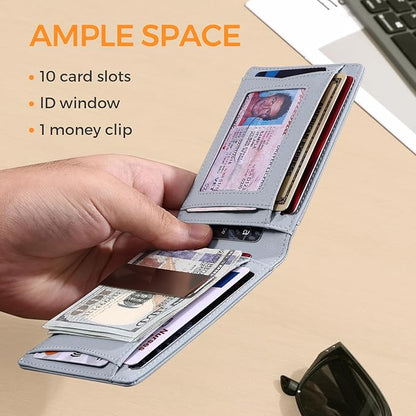 RUNBOX Slim Money Clip Wallets for Men RFID Blocking 11 Card Holder Minimalist Small Leather Bifold Men's Front Pocket Wallet Gift Box