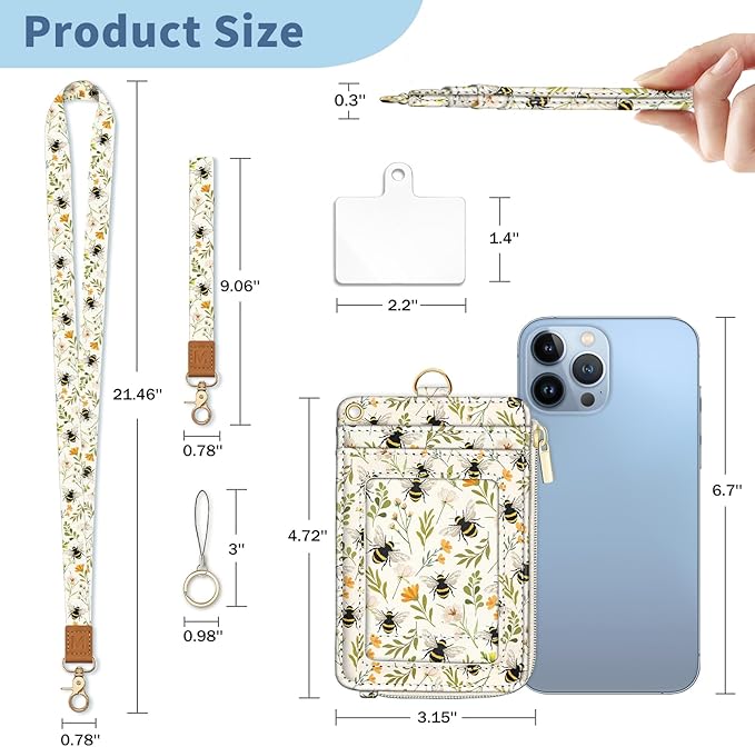 Lanyard Wallet with Id Badge Holder, Bee RFID Small Keychain Wallet Women Wristlet, Cute Zipper Credit Card Holder Phone Wrist Neck Strap for Key Name Tag, Teacher Student Office Gifts