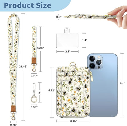 Lanyard Wallet with Id Badge Holder, Bee RFID Small Keychain Wallet Women Wristlet, Cute Zipper Credit Card Holder Phone Wrist Neck Strap for Key Name Tag, Teacher Student Office Gifts
