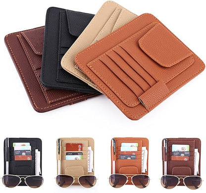 Multi-function Car Sun Visor Organizer Card Storage Glasses Holder Clip Pouch Bag Hanging Holder PU Leather(Beige)