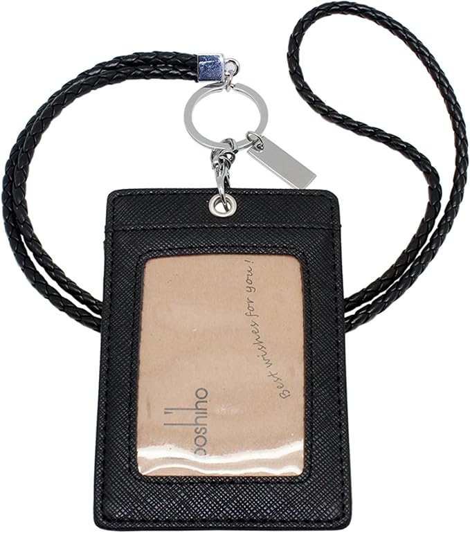 Boshiho Vertical Style Leather ID Card Badge Holder with Keychain Lanyard (Black with Keychain)