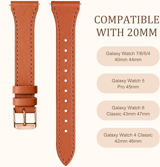GEAK Slim Leather Band Compatible with Galaxy Watch 7 Band/6 5 4 FE 40mm 44mm/5 pro 45mm/Classic/Galaxy Active 2, 20mm Genuine Leather Strap with Quick Release Buckle for Samsung Watch Bands Women
