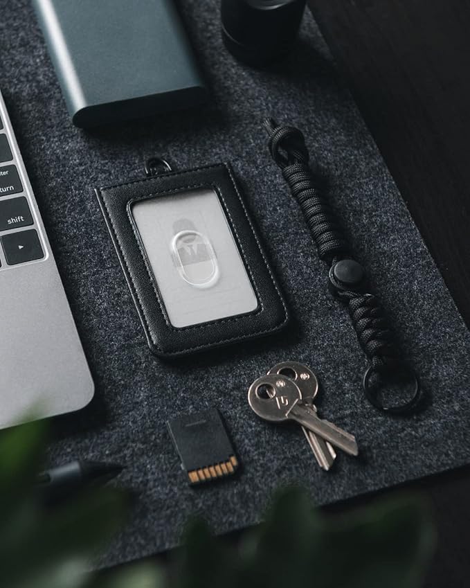 VULKIT ID Badge Holder with Lanyard for Women and Men Vertical Leather Badge Holder with Clear ID Window Card Holder Slot and Money Pocket Black