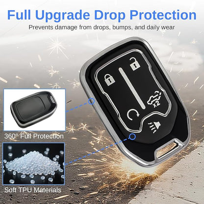 for GMC Key Fob Cover - TPU Key Shell Case Protector Compatible with Chevy Silverado and GMC Sierra 1500 2500HD 3500HD 5 Buttons Smart Remote Key, Black