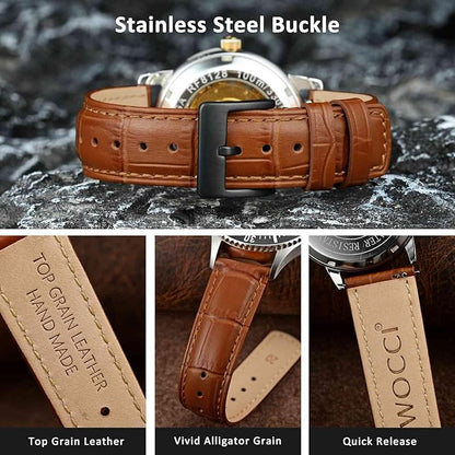 WOCCI Watch Bands, Top Grain Leather, Embossed Alligator Grain, Quick Release, Band Width 18mm 20mm 22mm