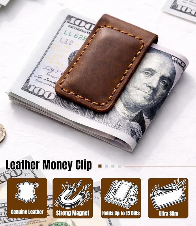 Slim Magnetic Money Clip, Genuine Leather Business Card Holder, Gift Box Included