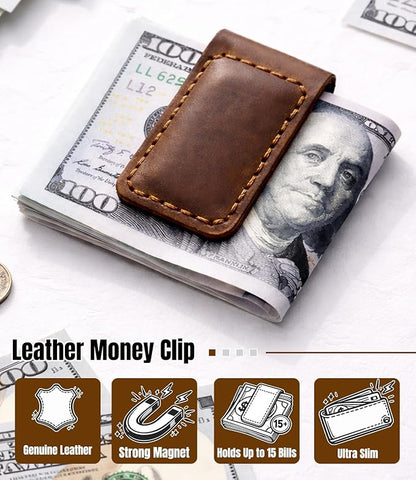Slim Magnetic Money Clip, Genuine Leather Business Card Holder, Gift Box Included
