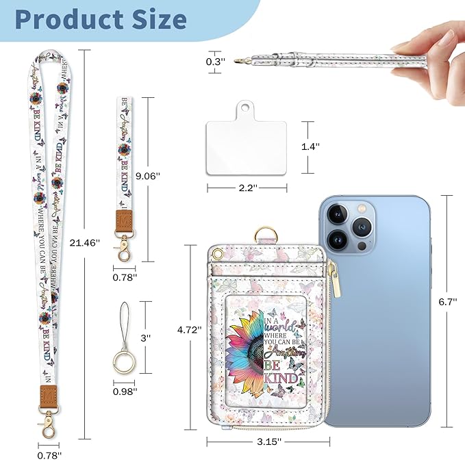 Lanyard Wallet with Id Badge Holder, Be Kind RFID Small Keychain Wallet Women Wristlet, Cute Zipper Credit Card Holder Phone Wrist Neck Strap for Key Name Tag, Teacher Student Office Gifts