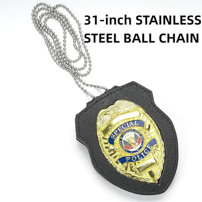 TT TYTX Sheriff Badge Holder, Police Badge Holder, Leather Police Badge Belt Clip Holder with Universal Round Neck Stainless Steel Chain and Concealed Photo Pocket