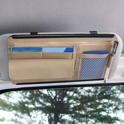 Car Sun Visor Multi-Pocket Net Zipper Organizer Auto Interior Accessories Pocket Organizer Storage Pouch Holder for Card License Pen Glasses (Beige)